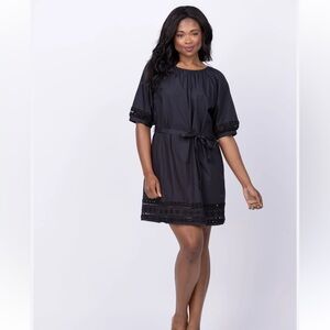 Velvet by Graham & Spencer Black Eyelet-Trim Short Dress with Tie